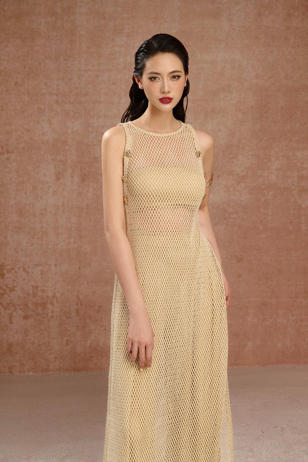 Women's Isla A-line Side Slit Mesh Maxi Dress XS/S/M/L/XL Beige MEAN BLVD Beige / L