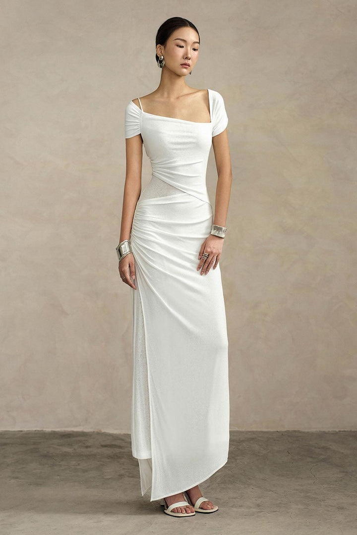 Ivory Sheath Asymmetric Neck Knit Floor Length Dress - MEAN BLVD