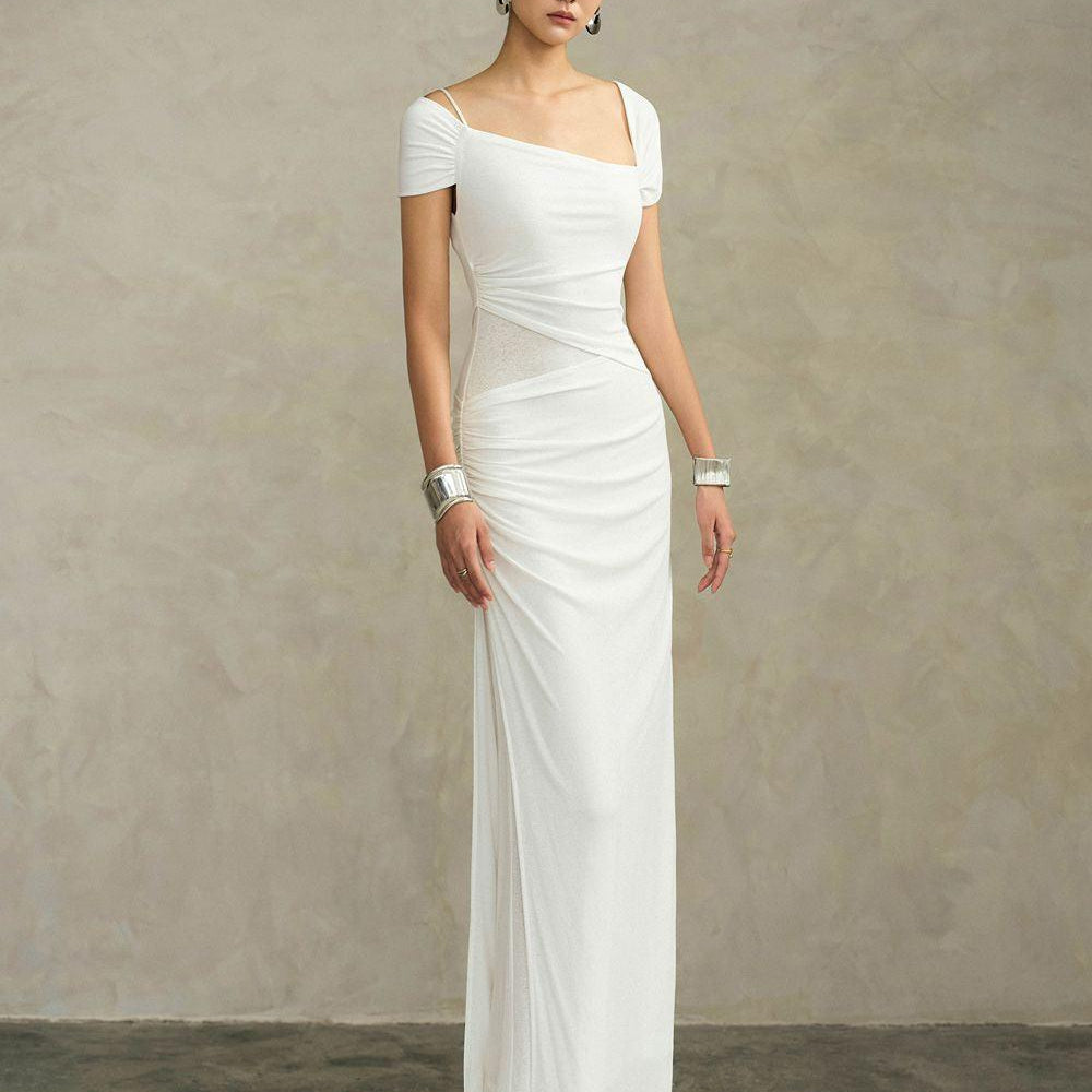 Ivory Sheath Asymmetric Neck Knit Floor Length Dress - MEAN BLVD