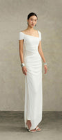 Ivory Sheath Asymmetric Neck Knit Floor Length Dress - MEAN BLVD