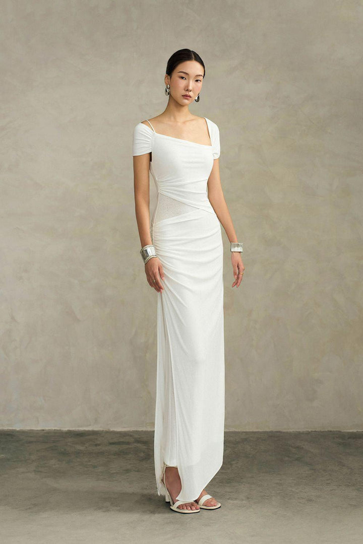 Ivory Sheath Asymmetric Neck Knit Floor Length Dress - MEAN BLVD