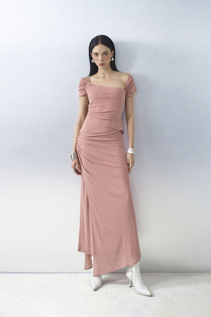 Ivory Sheath Asymmetric Neck Knit Floor Length Dress - MEAN BLVD