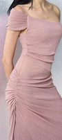 Ivory Sheath Asymmetric Neck Knit Floor Length Dress - MEAN BLVD