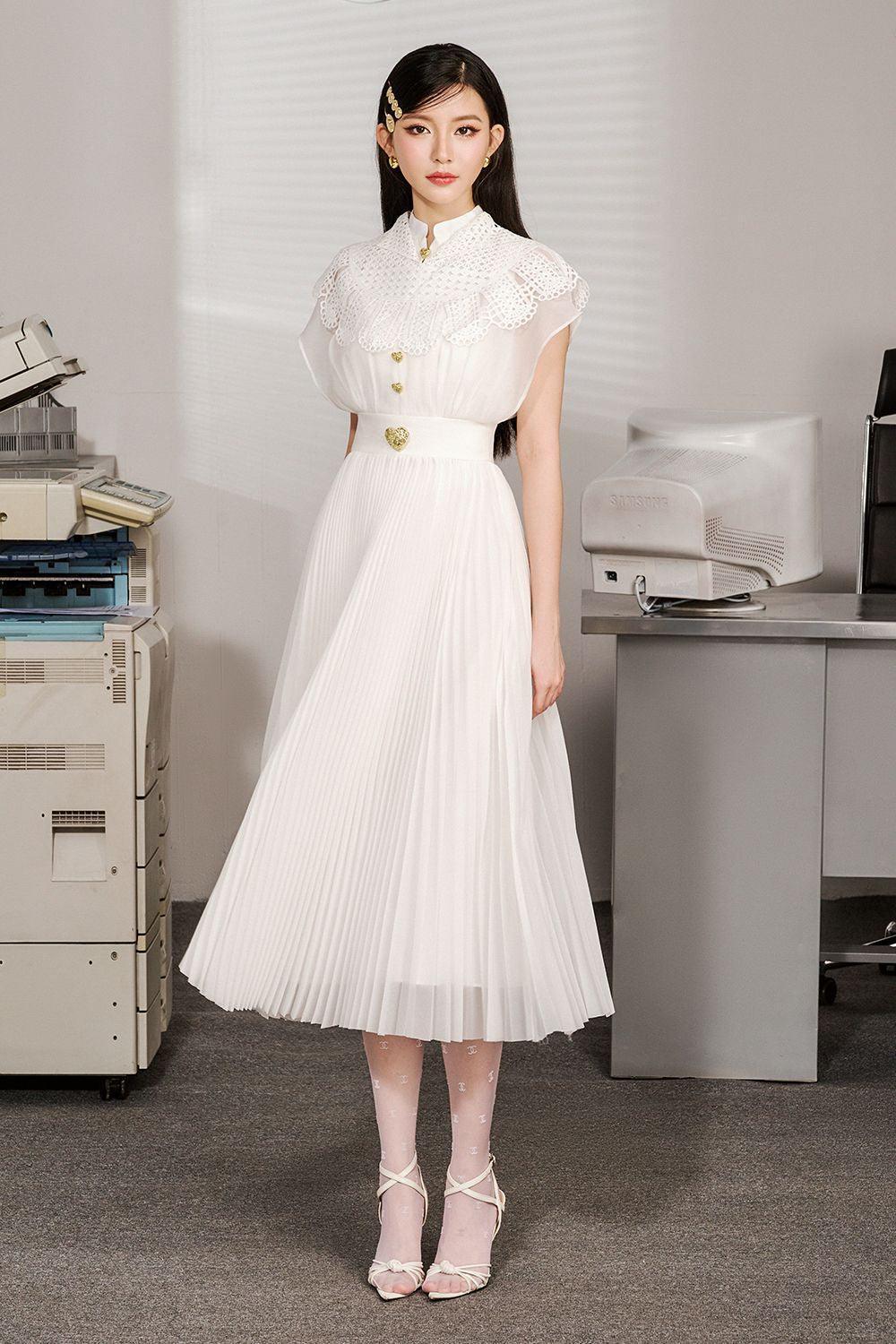 Jackie A-line Pleated Organza Midi Dress - MEAN BLVD