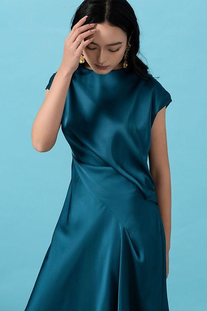 Jade Asymmetric Cap Sleeved Silk Midi Dress - MEAN BLVD