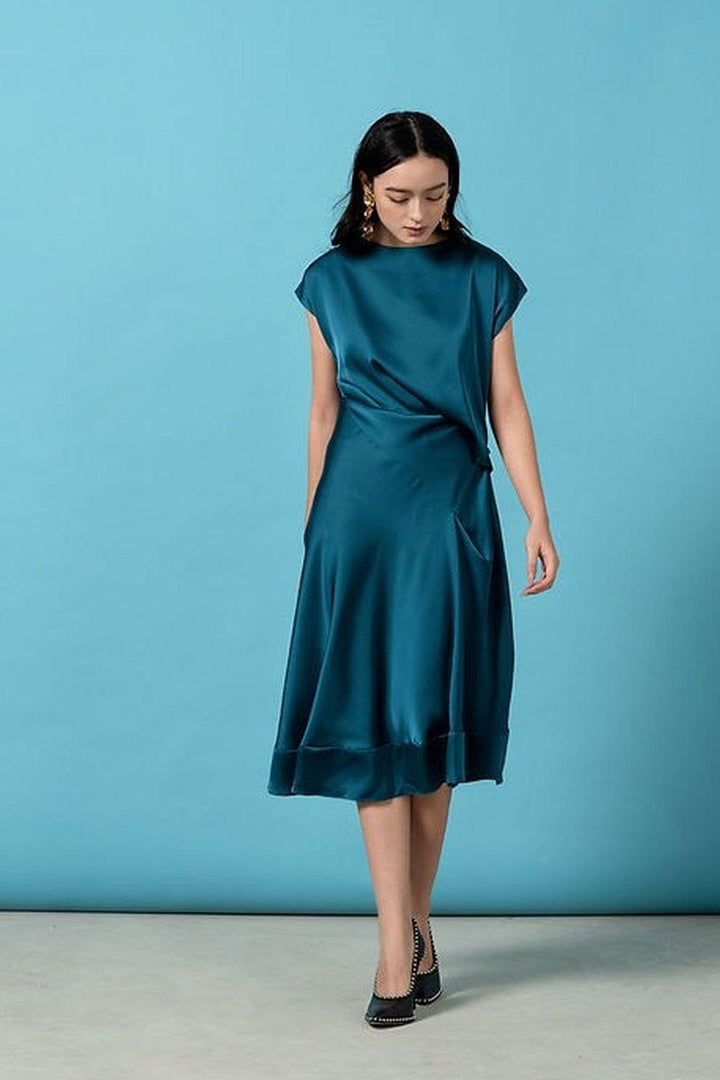 Jade Asymmetric Cap Sleeved Silk Midi Dress - MEAN BLVD