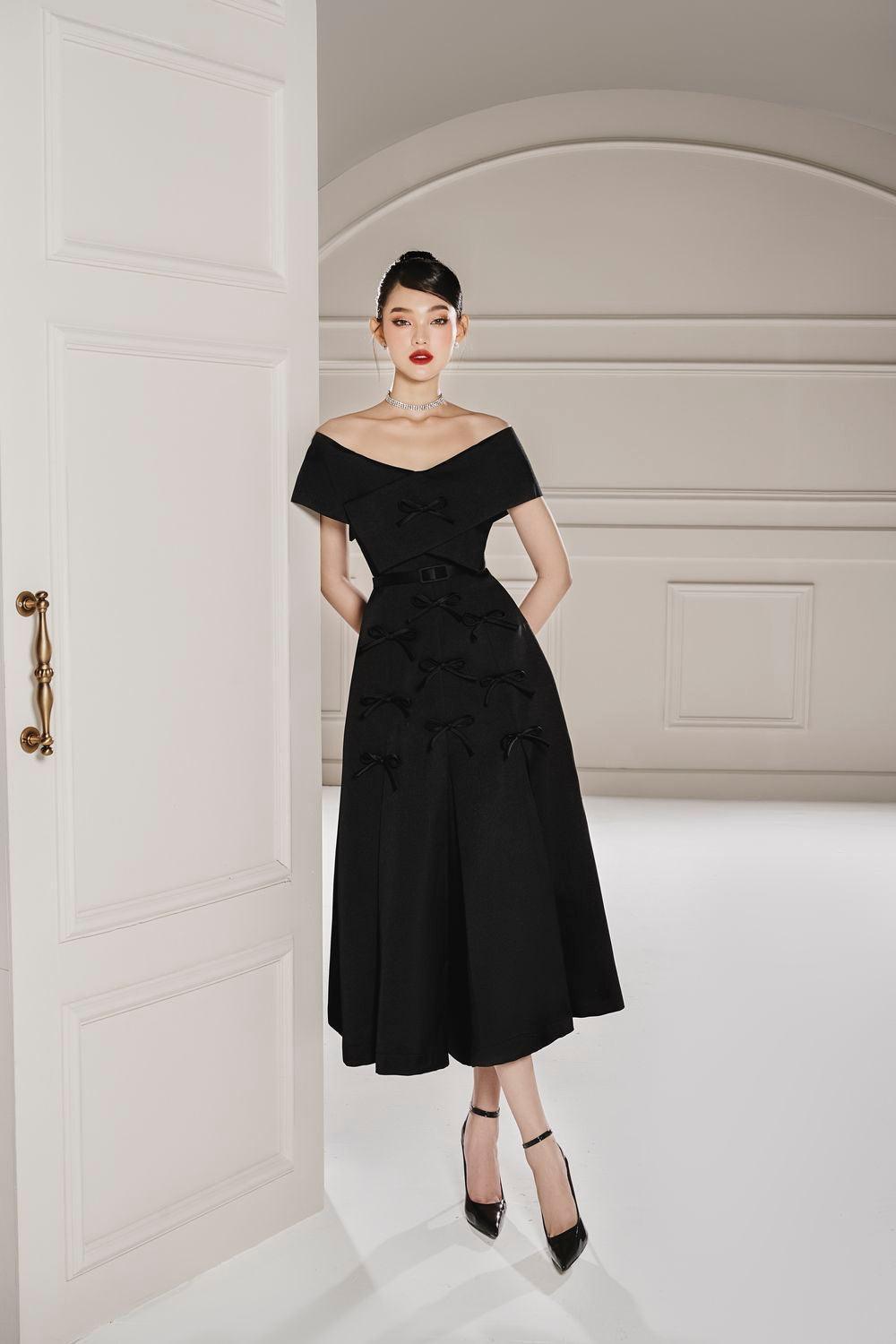 Women's Jammy A-line Off-Shoulder Taffeta Midi Dress S/M/L/Customize Black MEAN BLVD M / Black Women's Jammy A-line Off-Shoulder Taffeta Midi Dress S/M/L/Customize Black MEAN BLVD M / Black