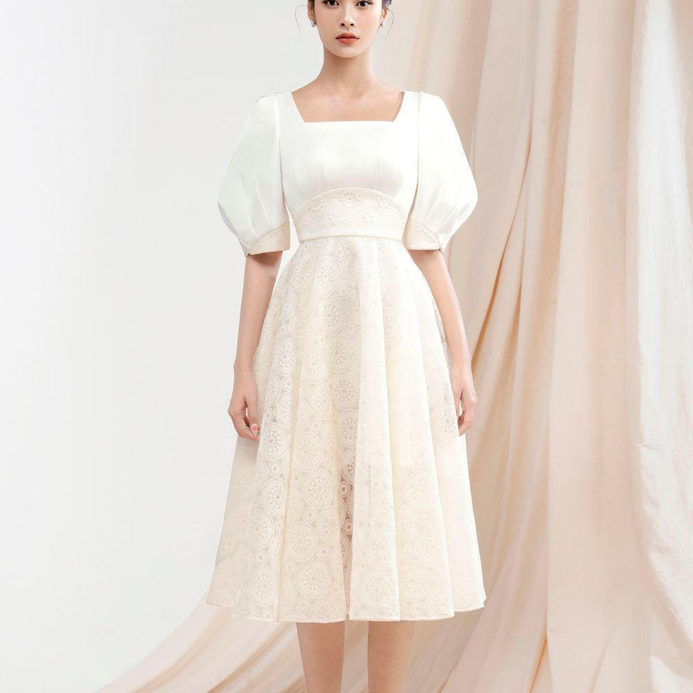 Jane A-line Square Neck Silk Lace Midi Dress - MEAN BLVD