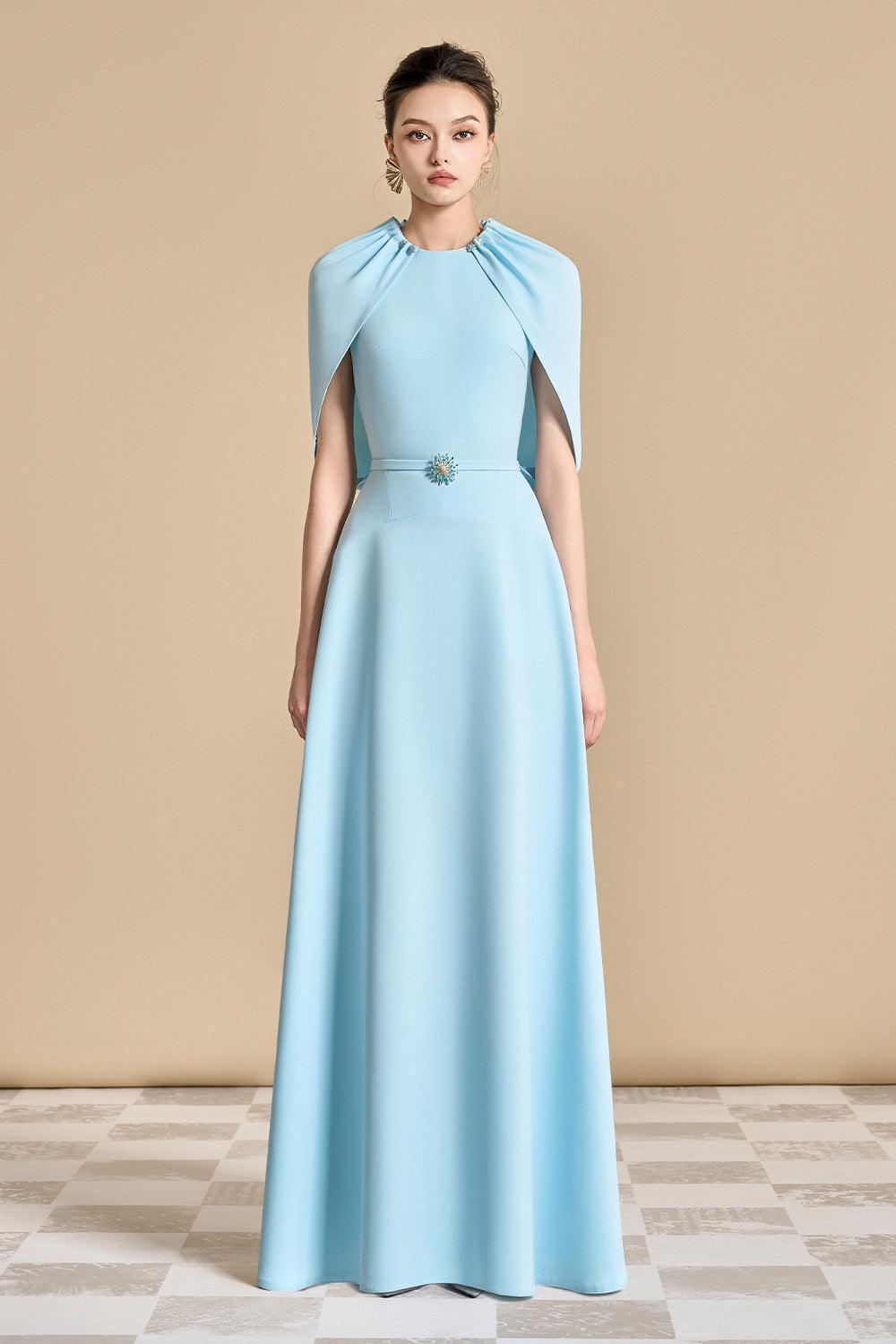 Women's Jasmine A-line Cape Sleeved Polyester Floor Length Dress S/M/L/XL Yellow Beige/Light Blue MEAN BLVD Light Blue / S Women's Jasmine A-line Cape Sleeved Polyester Floor Length Dress S/M/L/XL Yellow Beige/Light Blue MEAN BLVD Light Blue / S