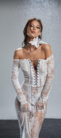 Jasmine Mermaid Off-Shoulder Lace Midi Dress - MEAN BLVD