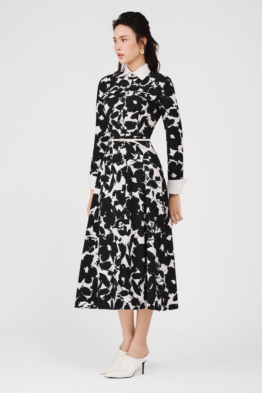 Women's Jazmine Drop Waist Single Breasted Poly Silk Midi Dress XS/S/M/L/Customize Black Floral MEAN BLVD L / Black / Floral Women's Jazmine Drop Waist Single Breasted Poly Silk Midi Dress XS/S/M/L/Customize Black Floral MEAN BLVD L / Black / Floral