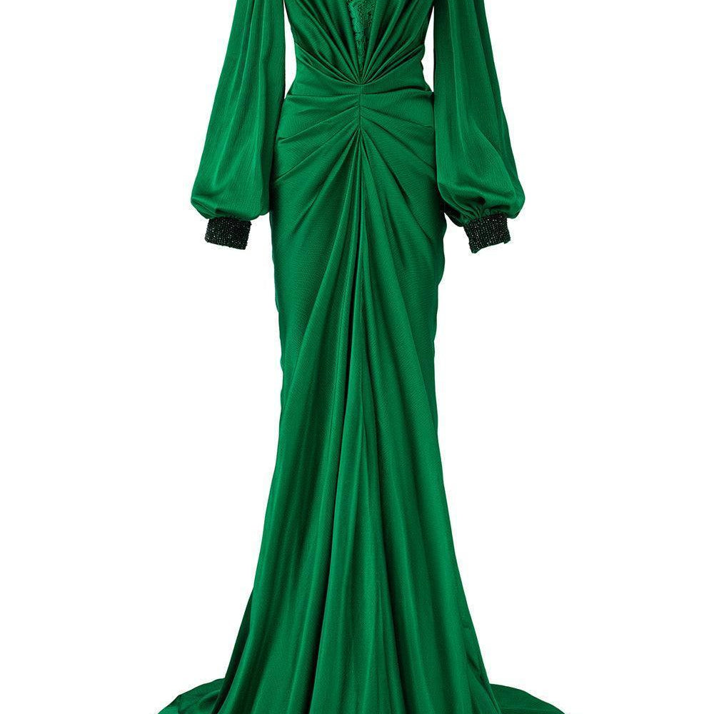 Jazmine Gathered Bouffant Sleeved Silk Lace Extra Long Length Dress - MEAN BLVD