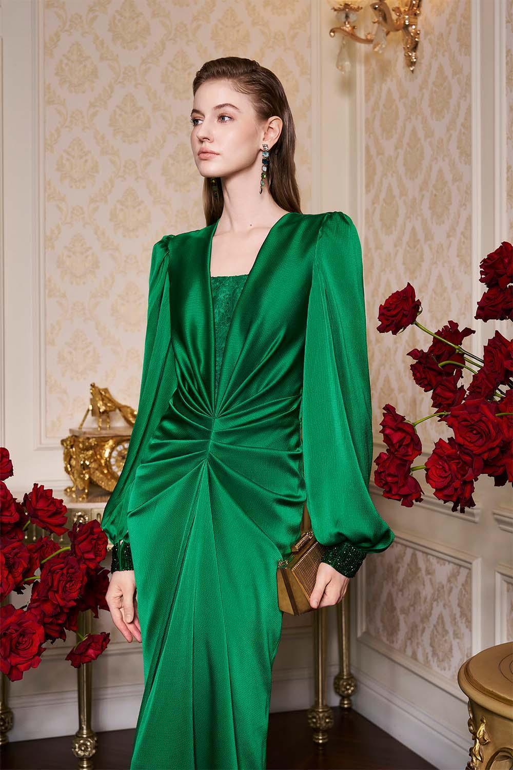 Jazmine Gathered Bouffant Sleeved Silk Lace Extra Long Length Dress - MEAN BLVD