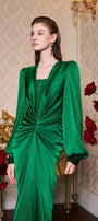 Jazmine Gathered Bouffant Sleeved Silk Lace Extra Long Length Dress - MEAN BLVD
