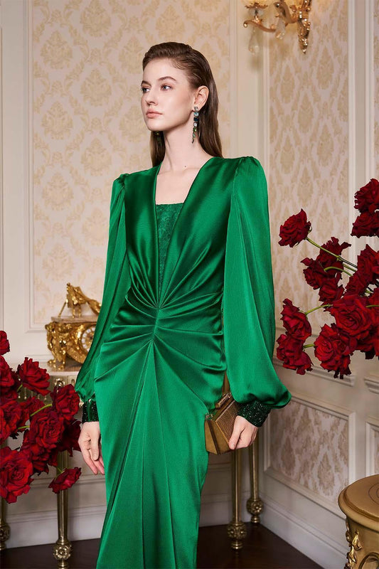 Jazmine Gathered Bouffant Sleeved Silk Lace Extra Long Length Dress - MEAN BLVD