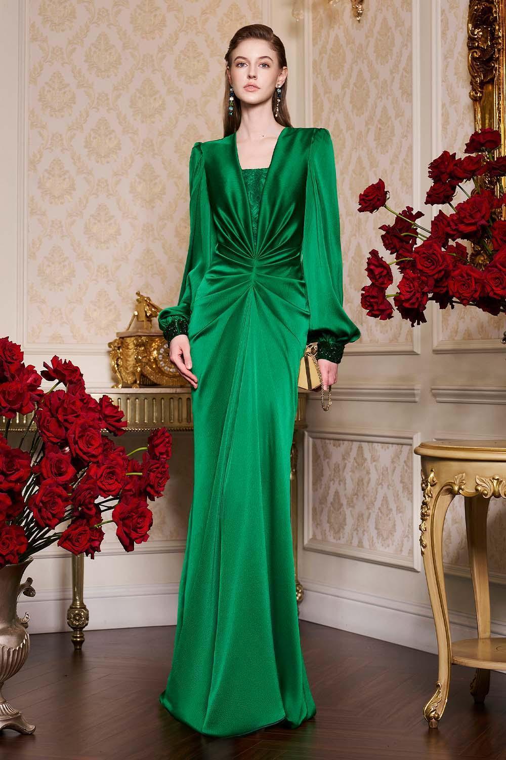 Jazmine Gathered Bouffant Sleeved Silk Lace Extra Long Length Dress - MEAN BLVD