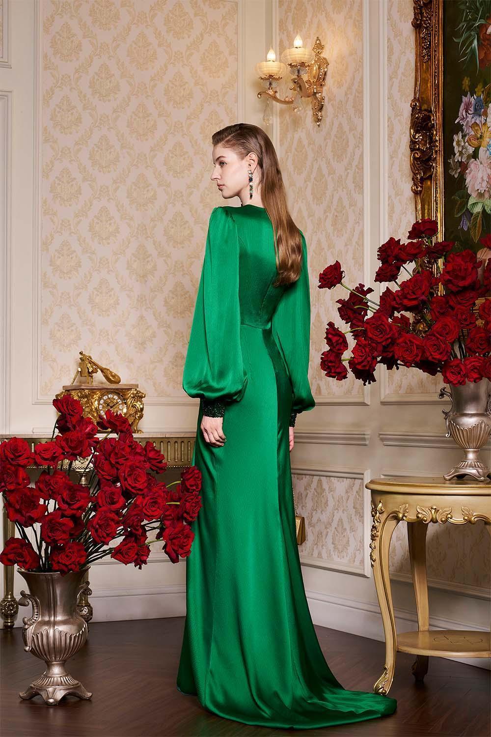 Jazmine Gathered Bouffant Sleeved Silk Lace Extra Long Length Dress - MEAN BLVD