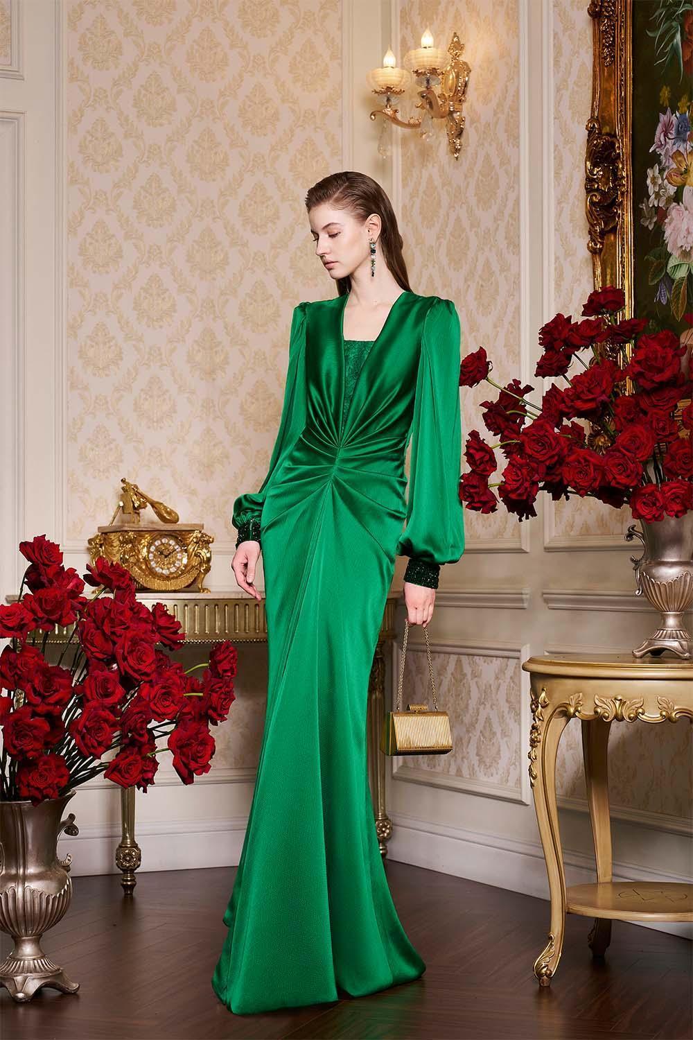 Jazmine Gathered Bouffant Sleeved Silk Lace Extra Long Length Dress - MEAN BLVD