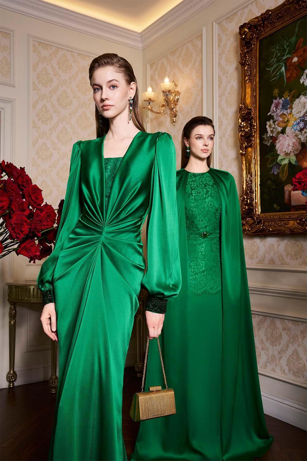 Jazmine Gathered Bouffant Sleeved Silk Lace Extra Long Length Dress - MEAN BLVD