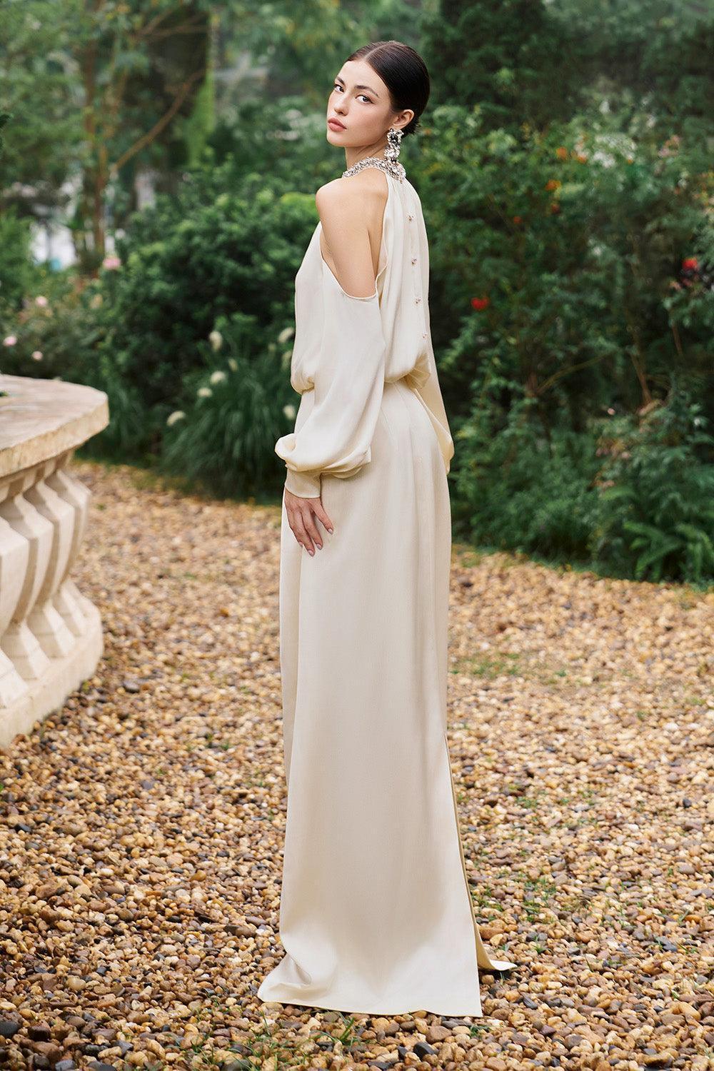 Jeffery Blouson Cuff Sleeved Poly Silk Floor Length Dress - MEAN BLVD