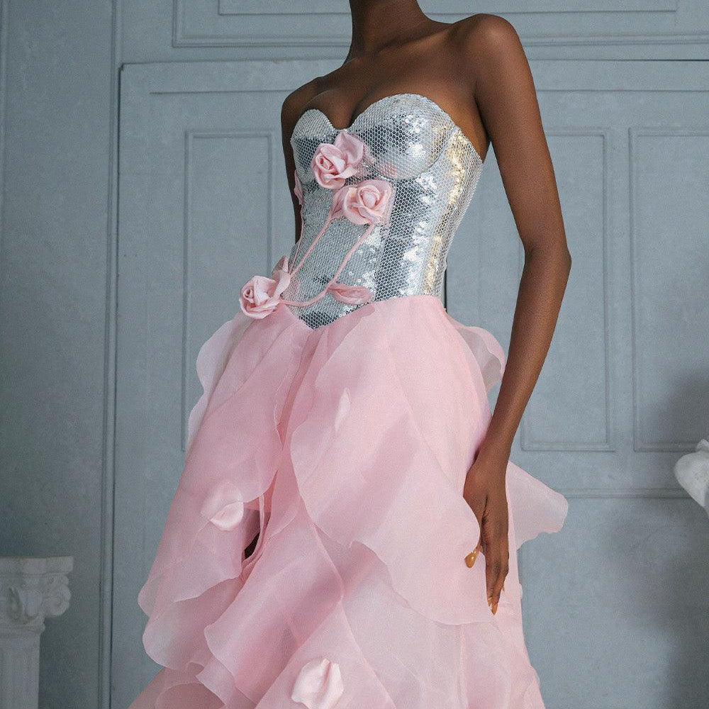 high low organza dress Women's Jenifer Rose Asymmetric Sweetheart Neck Organza Voile High-low Dress S/M/L Grey/Pink MEAN BLVD Grey/Pink / M