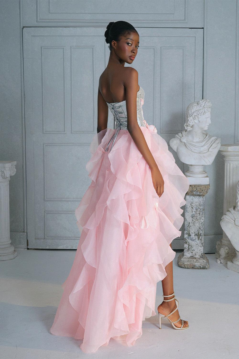 Women's Jenifer Rose Asymmetric Sweetheart Neck Organza Voile High-low Dress S/M/L Grey/Pink MEAN BLVD Grey/Pink / M Women's Jenifer Rose Asymmetric Sweetheart Neck Organza Voile High-low Dress S/M/L Grey/Pink MEAN BLVD Grey/Pink / M