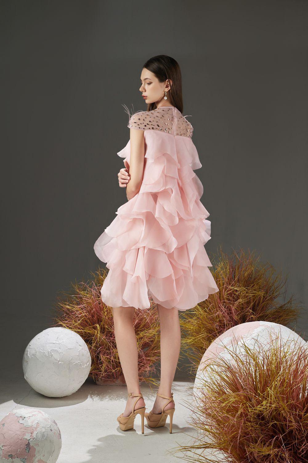 Women's Jenny Layered Round Neck Organza Knee-length Dress XS/S/M/L/XL Pink MEAN BLVD Women's Jenny Layered Round Neck Organza Knee-length Dress XS/S/M/L/XL Pink MEAN BLVD