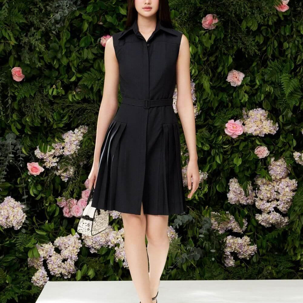 Joanna Pleated Folded Collar Wool Above The Knee Dress - MEAN BLVD