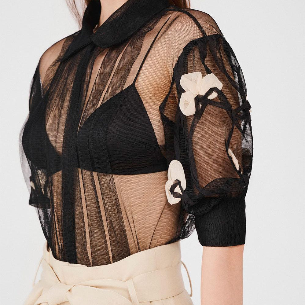 Jocelyn Pleated See-Through Mesh Sheer Shirt - MEAN BLVD