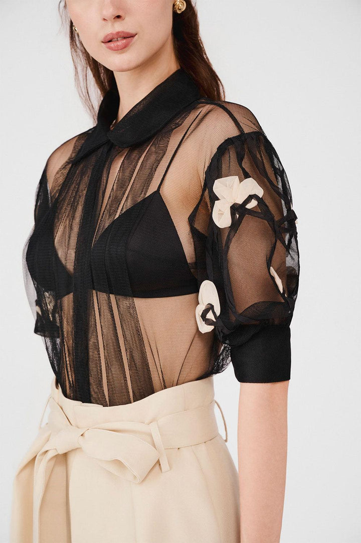 Jocelyn Pleated See-Through Mesh Sheer Shirt - MEAN BLVD