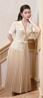 Jocelyn Pleated V-Neck Linen Cotton Midi Dress - MEAN BLVD