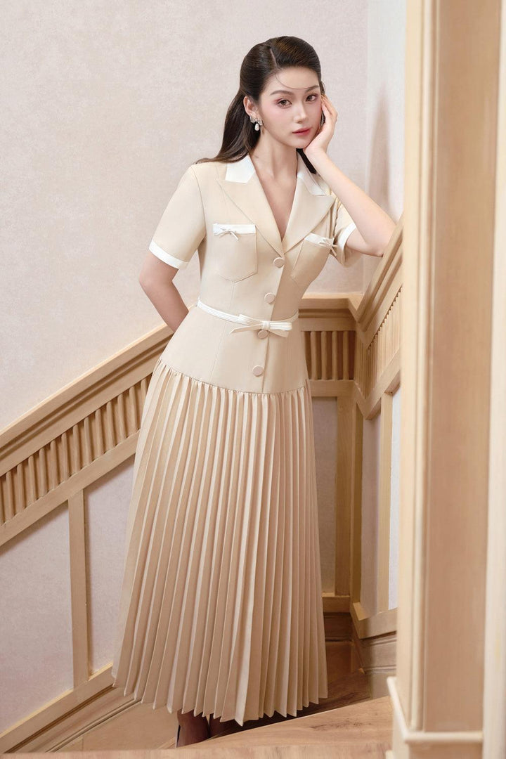 Jocelyn Pleated V-Neck Linen Cotton Midi Dress - MEAN BLVD