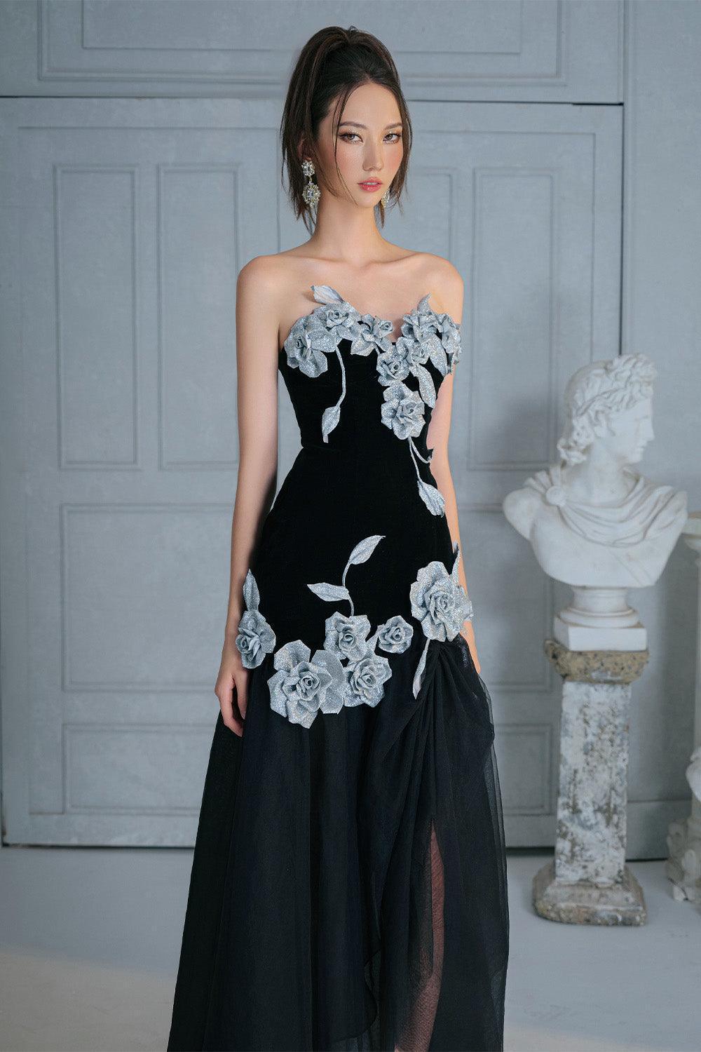 Women's Joli Rose Drop Waist Flower Applique Velvet Ankle Length