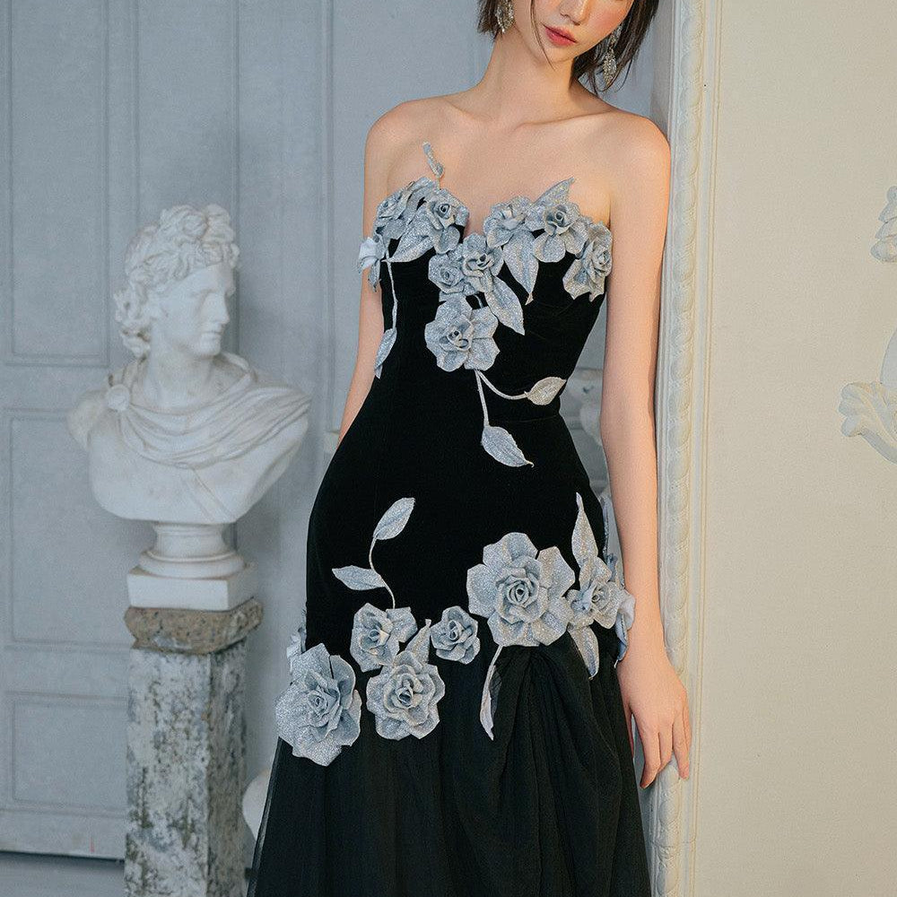 Joli Rose Drop Waist Flower Applique Velvet Ankle Length Dress - MEAN BLVD