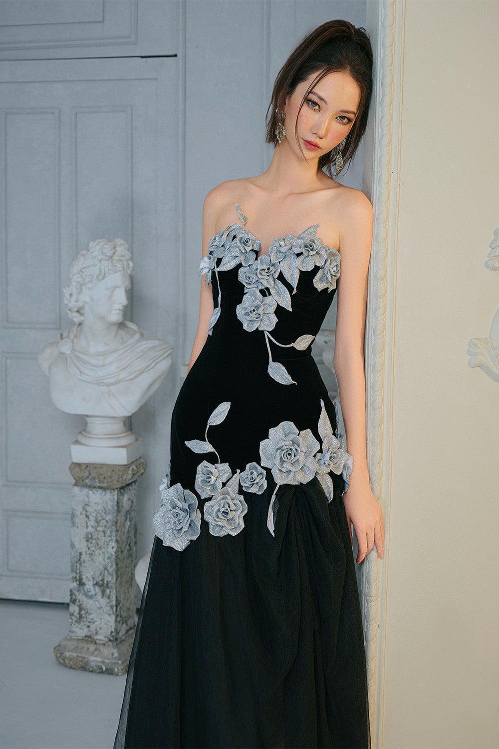 Women's Joli Rose Drop Waist Flower Applique Velvet Ankle Length Dress S/M/L Black MEAN BLVD Black / L Women's Joli Rose Drop Waist Flower Applique Velvet Ankle Length Dress S/M/L Black MEAN BLVD Black / L