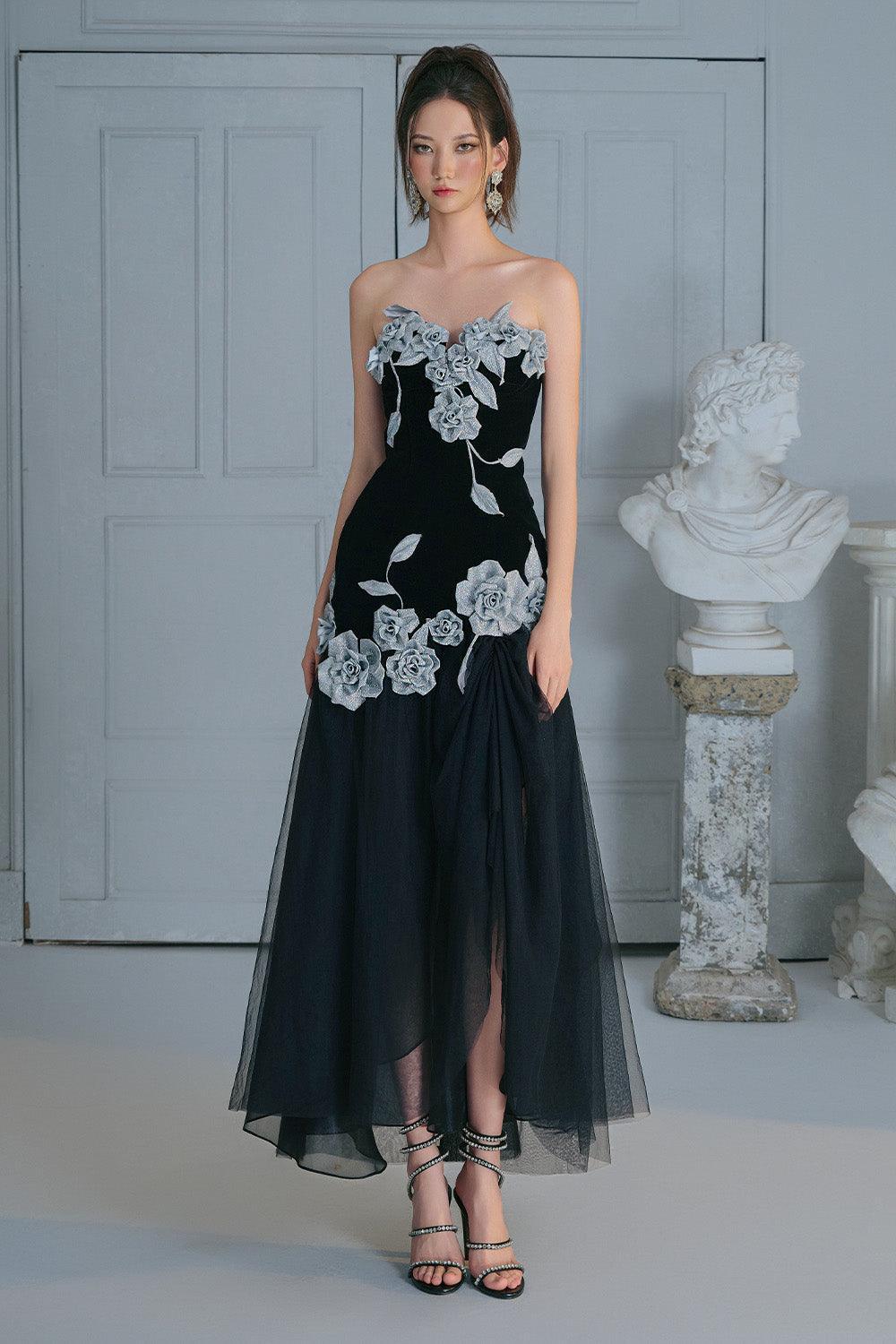Joli Rose Drop Waist Flower Applique Velvet Ankle Length Dress