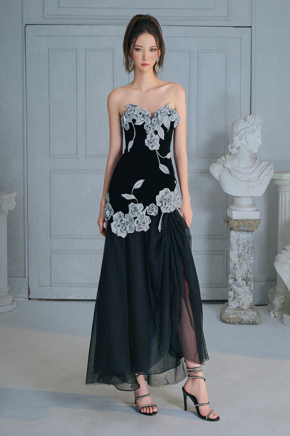 Women's Joli Rose Drop Waist Flower Applique Velvet Ankle Length
