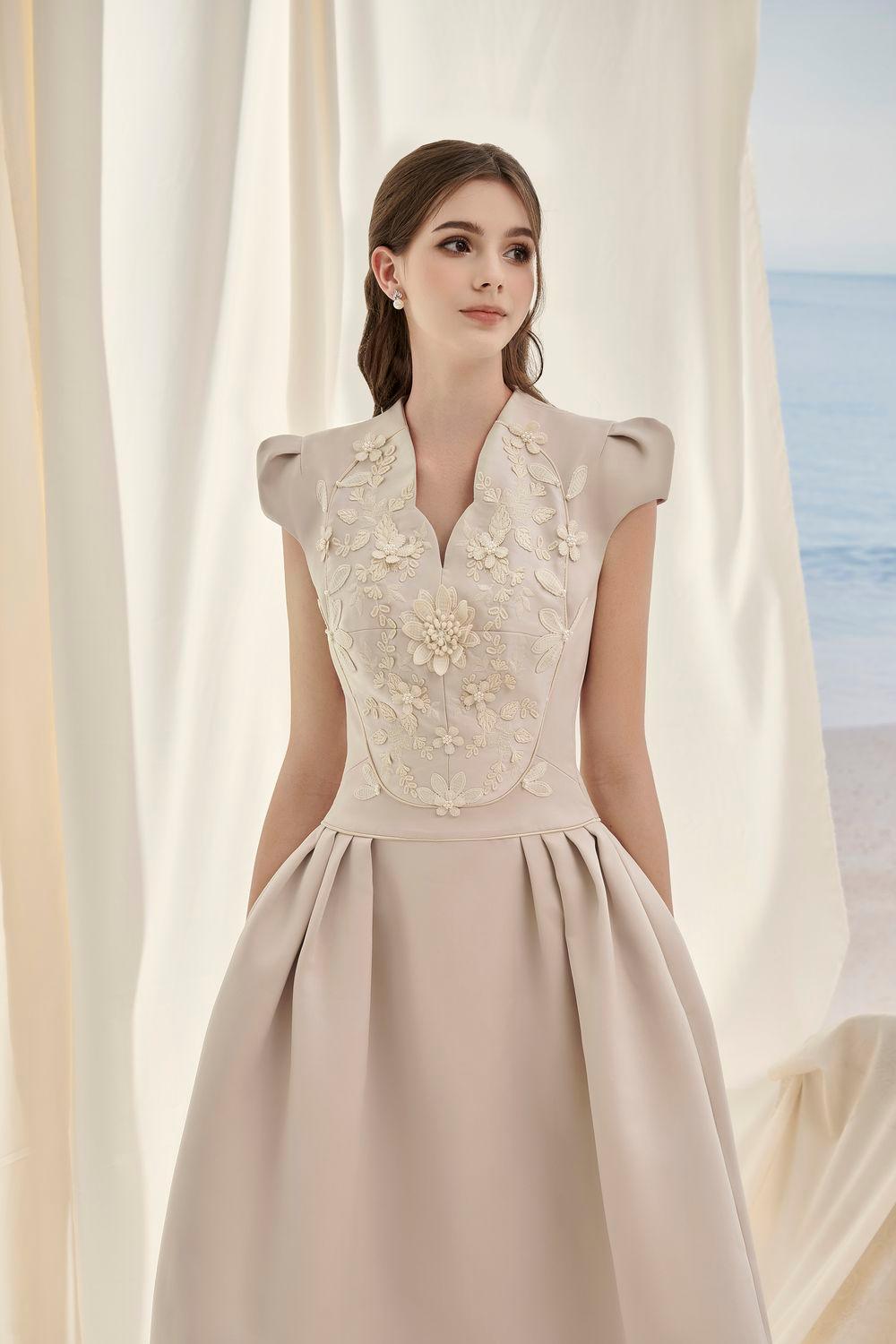 Women's Jolie Ariadne A-Line Puffy Sleeved Taffeta Midi Dress S/M/L Cream Mean Blvd S / Cream