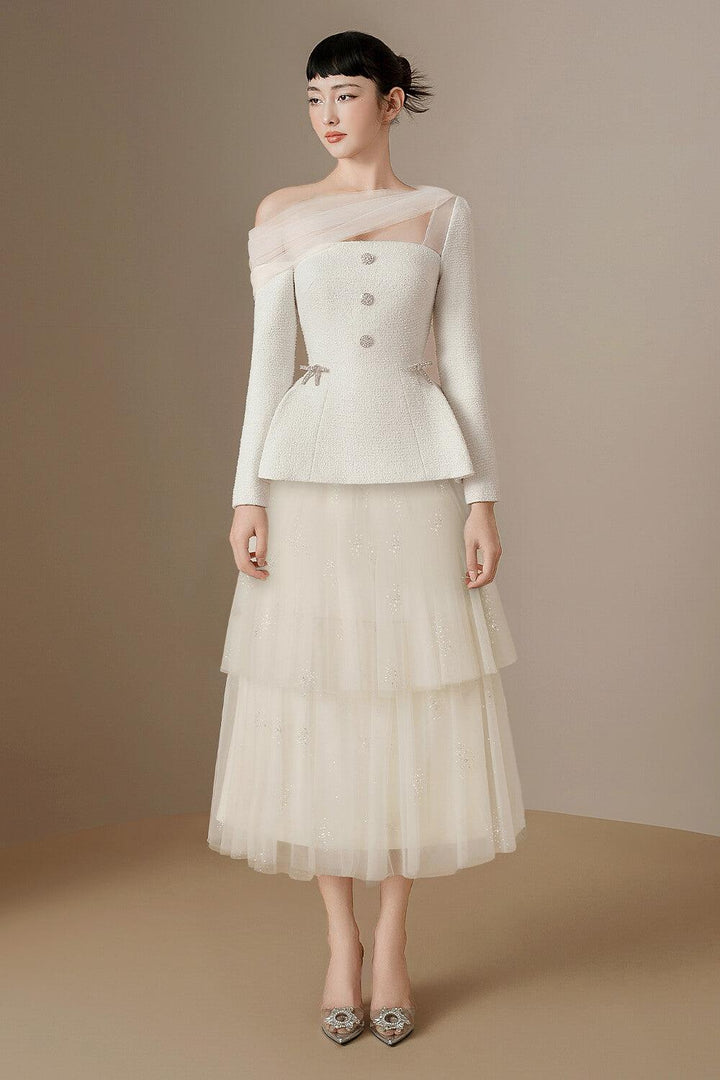 Jolie Peplum Asymmetric Sleeved Tweed Top - MEAN BLVD