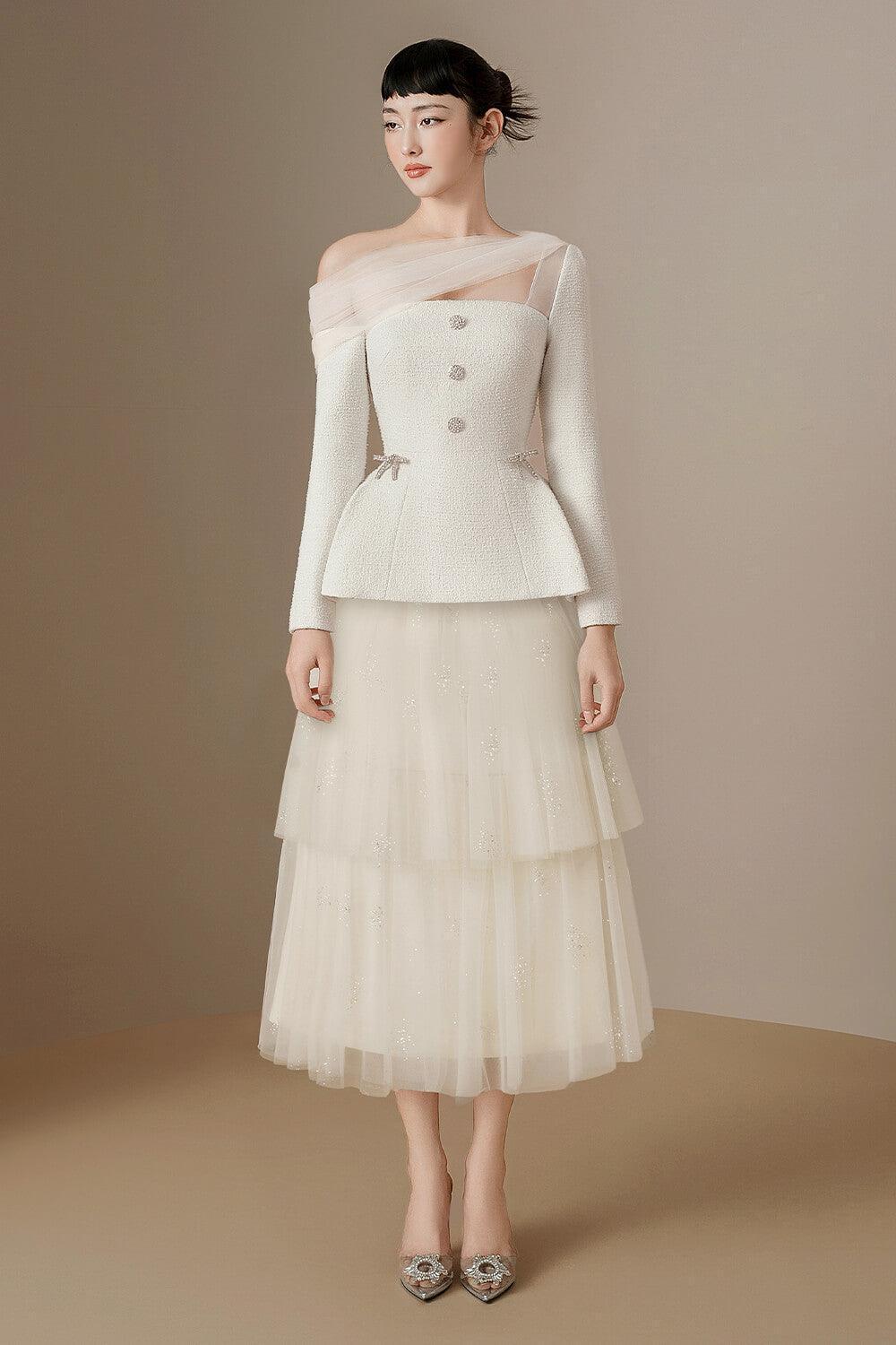 Jolie Peplum Asymmetric Sleeved Tweed Top - MEAN BLVD