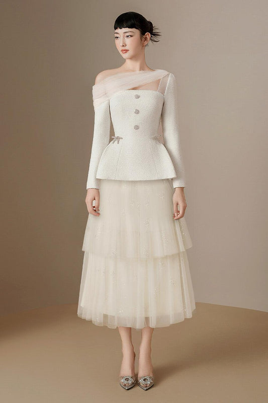 Jolie Peplum Asymmetric Sleeved Tweed Top - MEAN BLVD