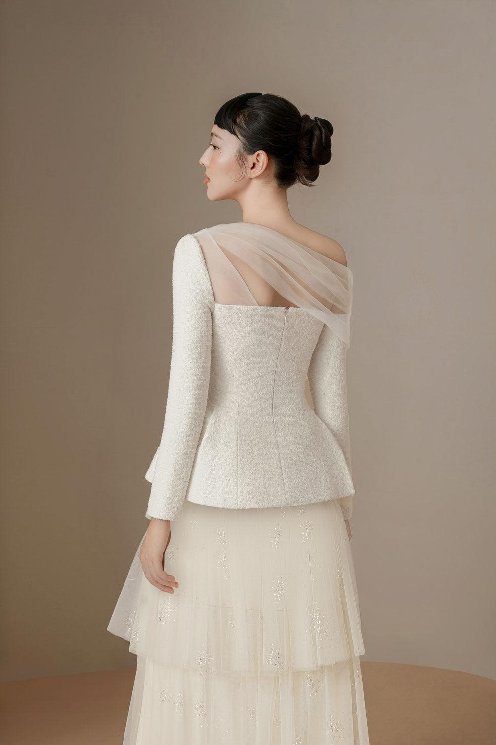 Jolie Peplum Asymmetric Sleeved Tweed Top - MEAN BLVD