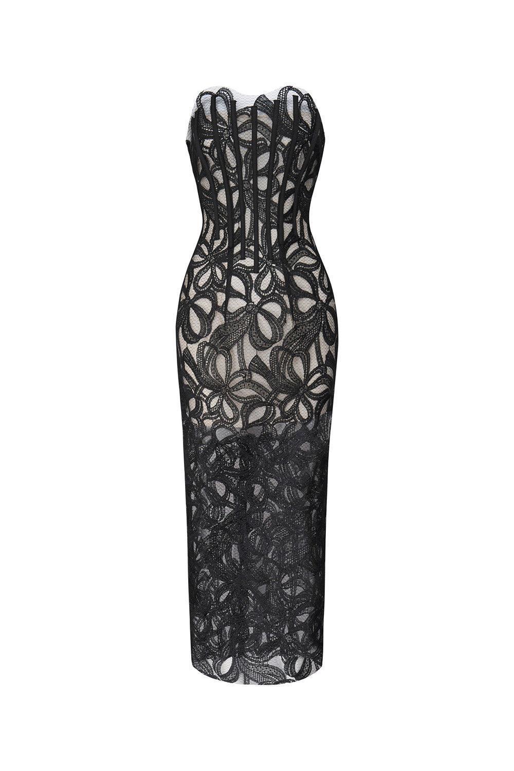 Jolie Strapless See-Through Lace Midi Dress - MEAN BLVD