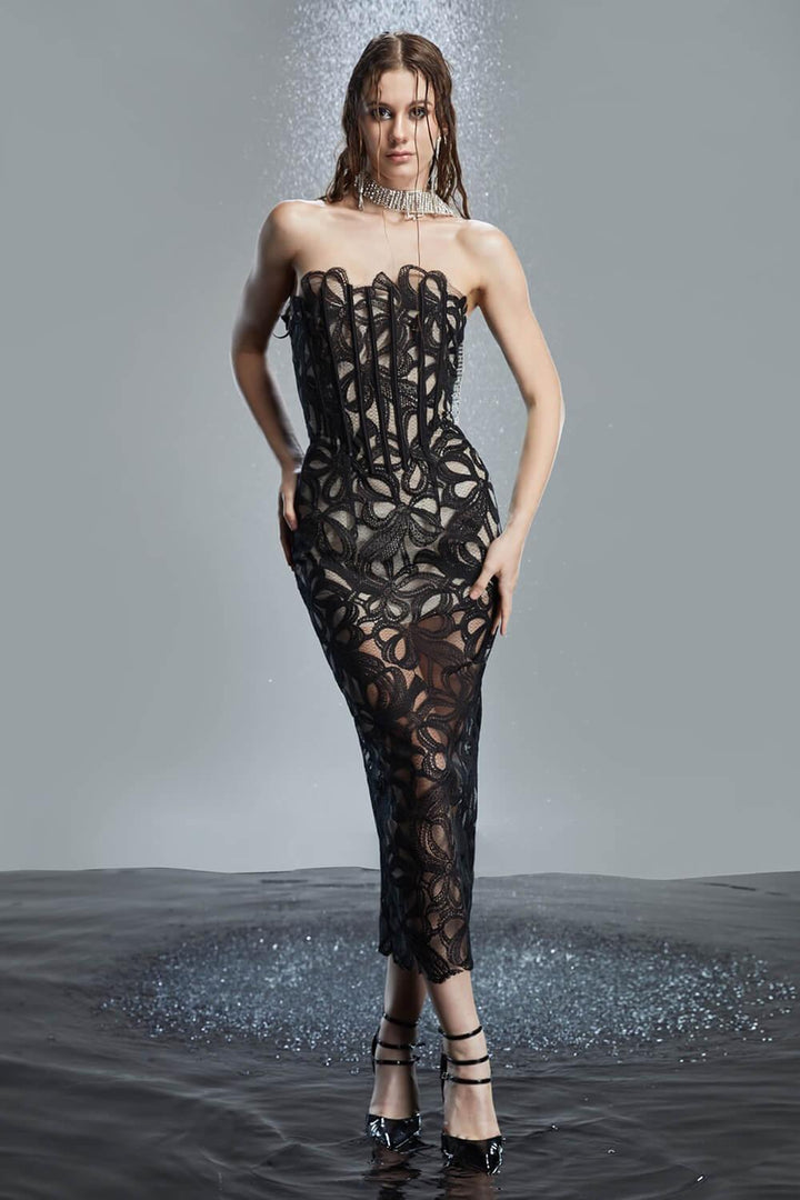 Jolie Strapless See-Through Lace Midi Dress - MEAN BLVD