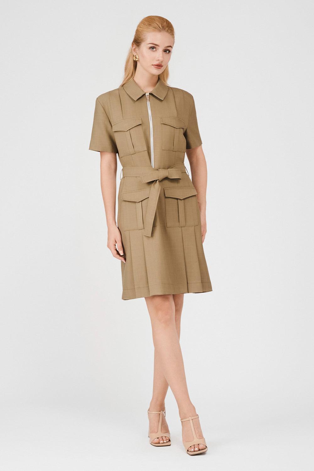 Women's Jordan A-Line Side Pleated Khaki Mini Dress XS/S/M/L/Customize Beige Mean Blvd Beige / Customize