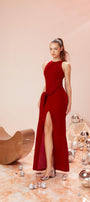 Joyeux Slit Round Neck Cotton Velvet Floor Length Dress - MEAN BLVD