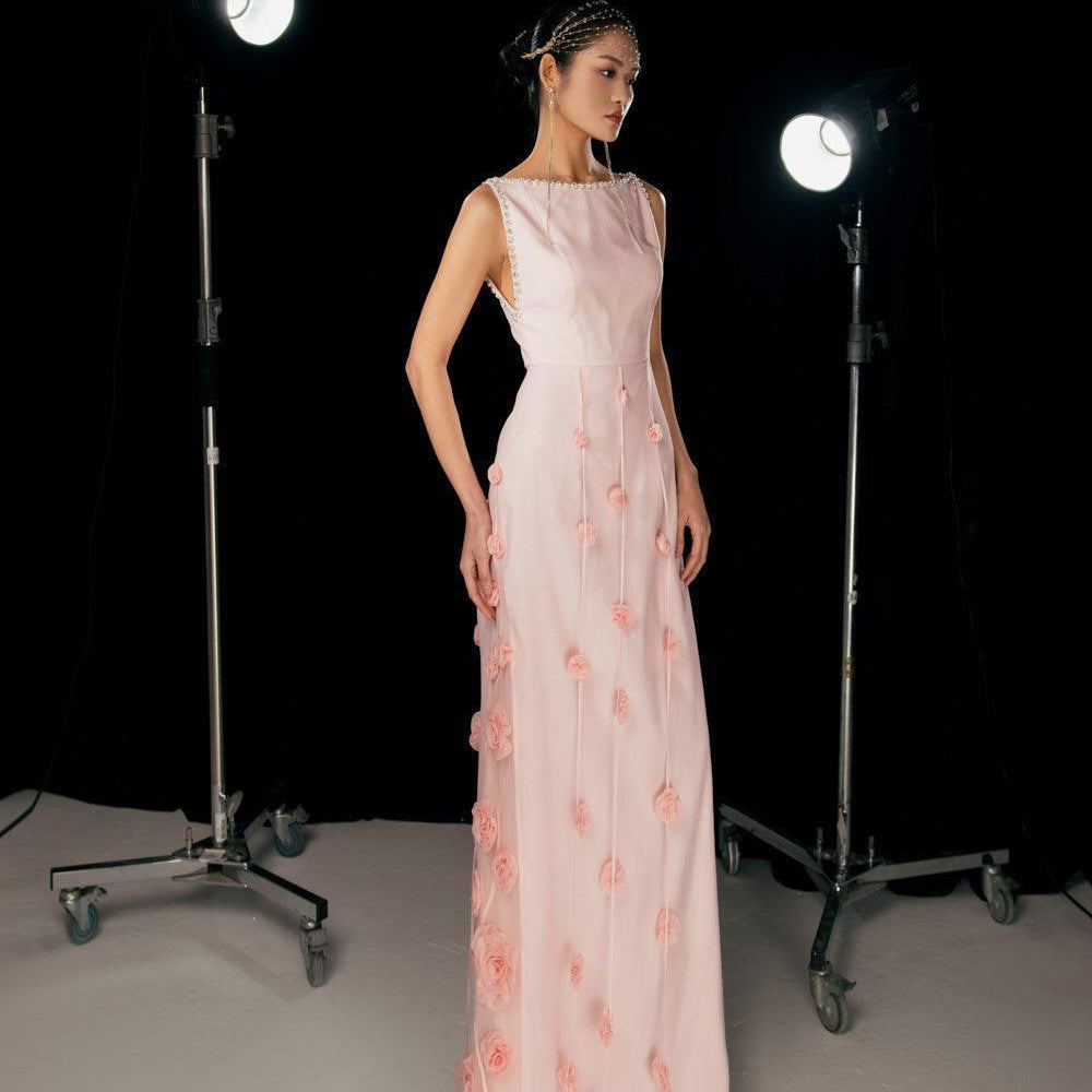 Juarez A-line Boat Neck Mesh Silk Floor Length Dress - MEAN BLVD