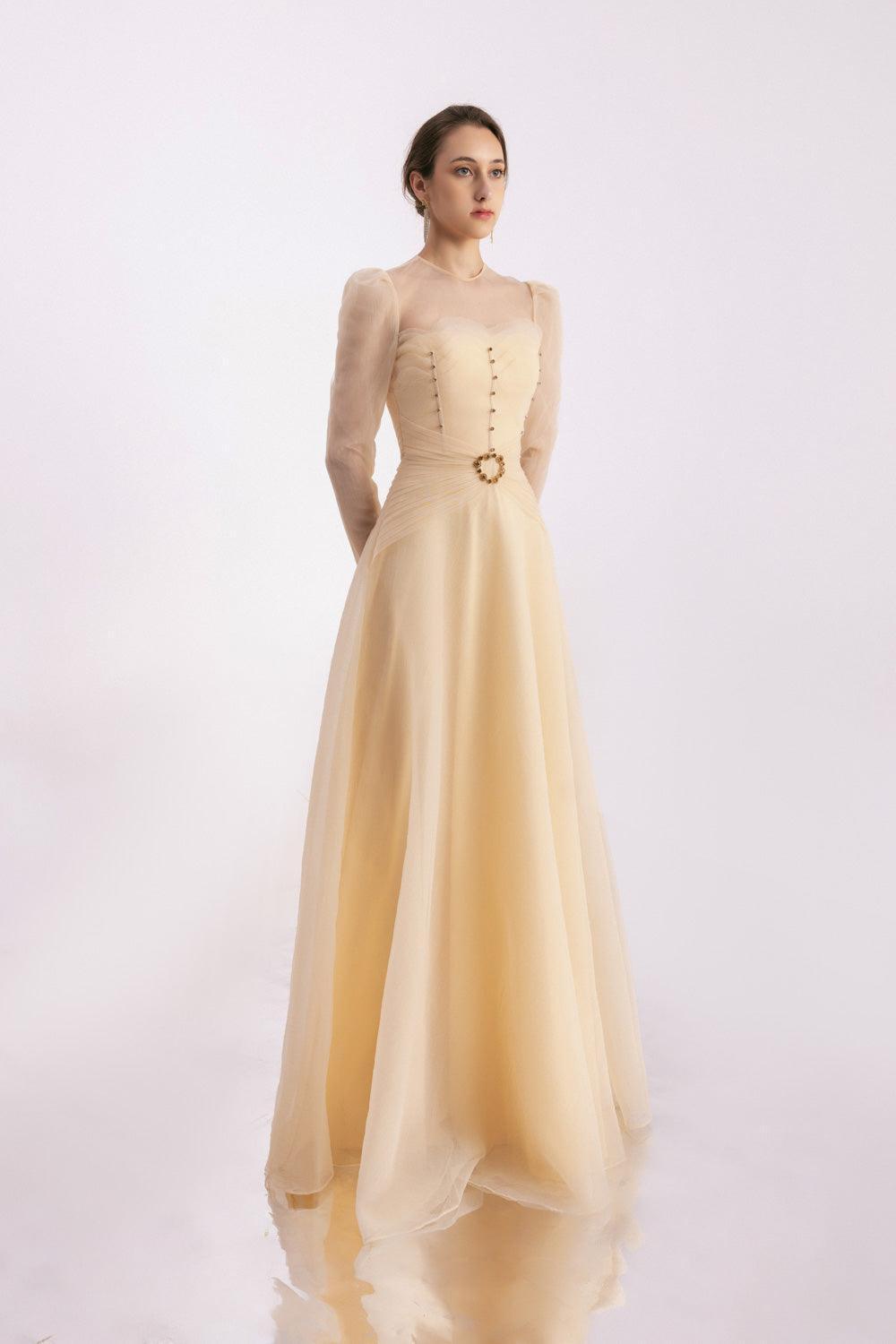 Judith A-line Draped Mesh Silk Floor Length Dress Beige / S