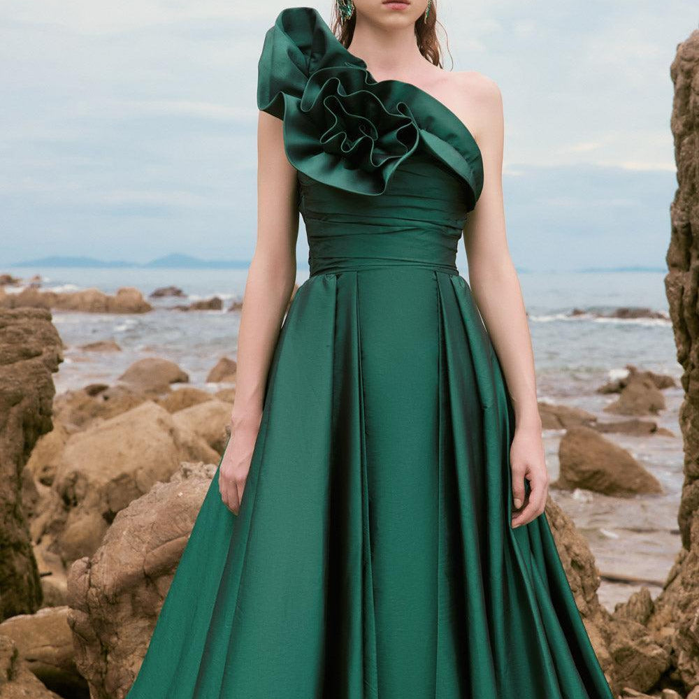 Julieta Fit and Flare One Shoulder Silk Taffeta Floor Length Dress - MEAN BLVD