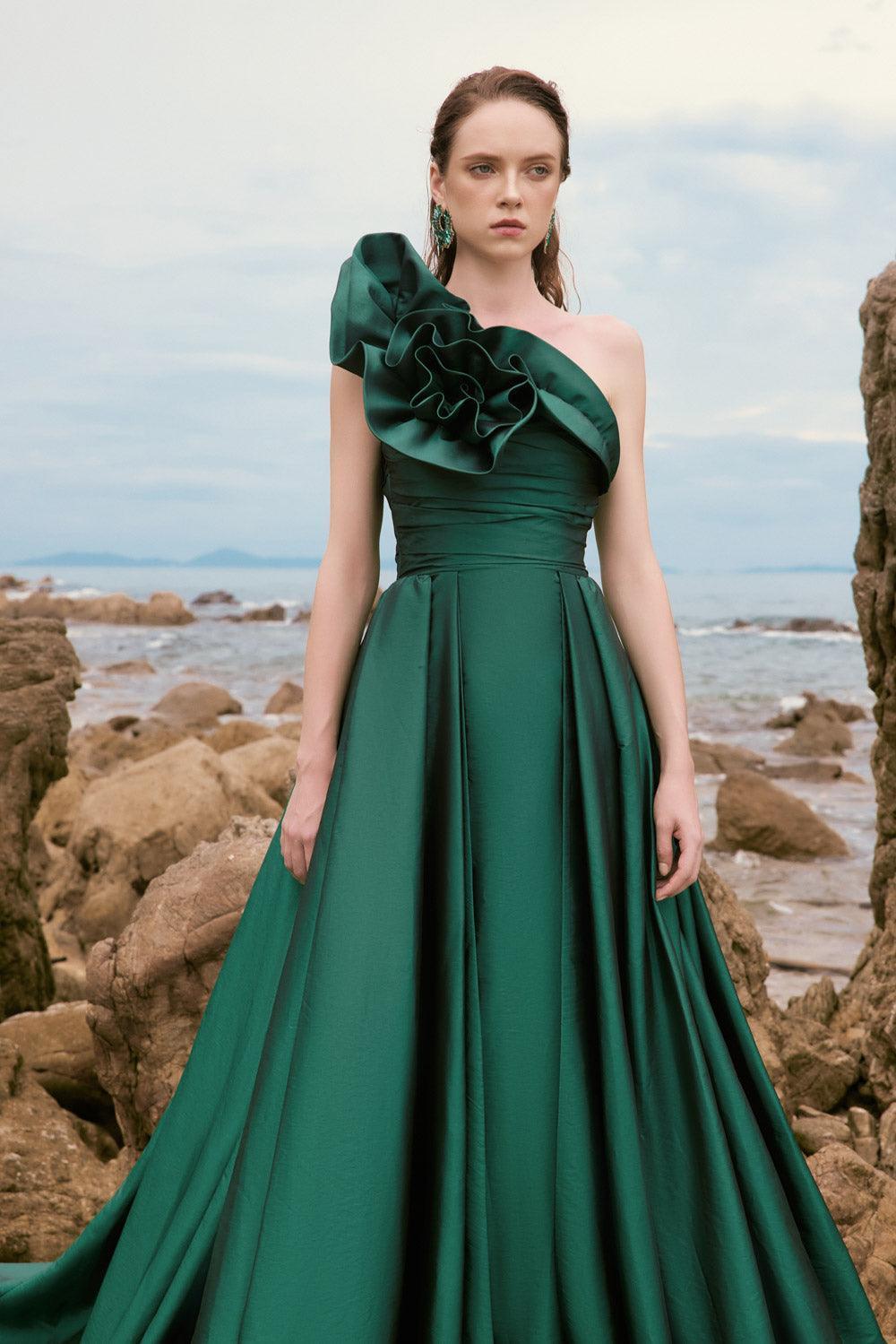 fitted lace wedding dress Women's Julieta Fit and Flare One Shoulder Silk Taffeta Floor Length Dress L Green Mean Blvd